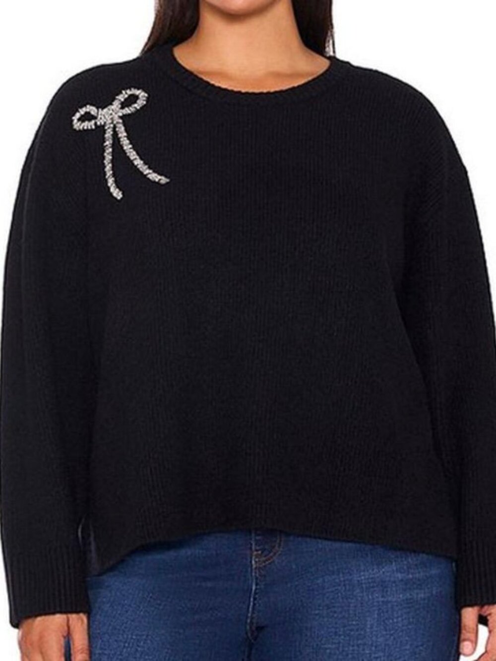 CeCe Black Rhinestone Bow Shoulder Knit Pullover Sweater Size 1X NWT